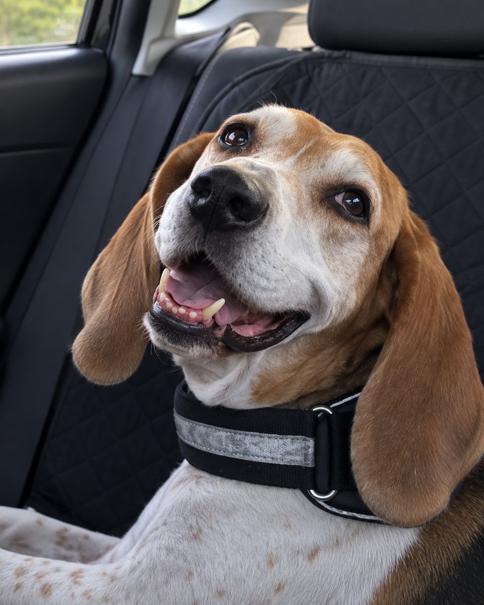 A smiling senior hound with a white face, riding in the car